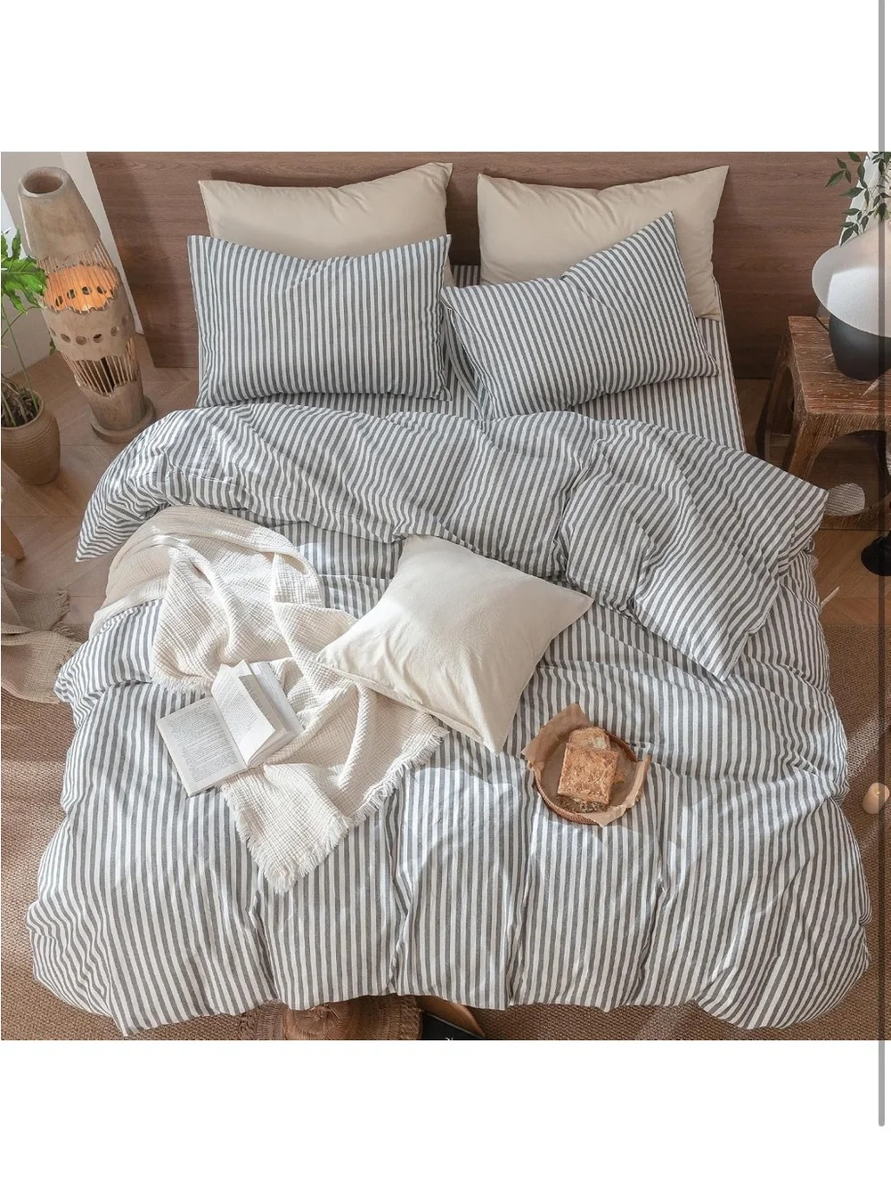 NEW MooMee Classic Striped Duvet Cover Set 100% Washed Cotton Linen Like Texture
